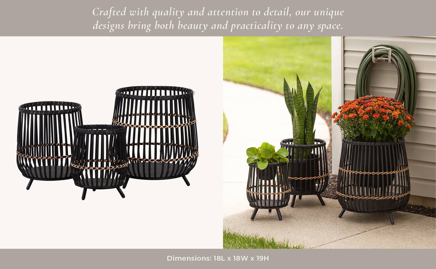 Black Bamboo Wood Footed Planters 10/14/17 in.