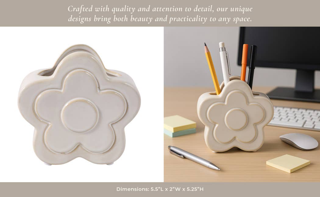 Pencil Cup - Ivory Ceramic Sculpted Flower Power, 5 in.