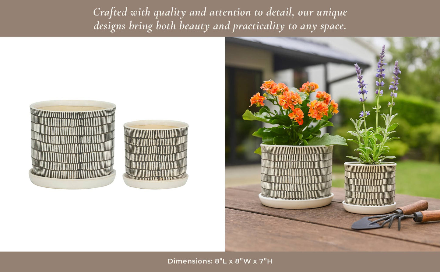 Planters Set of 2 - Ivory Ceramic Line with Saucer, 6/8 in.