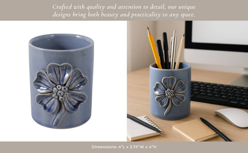 Pencil Cup - Blue Ceramic Decorative Flower Applique, 4 in.