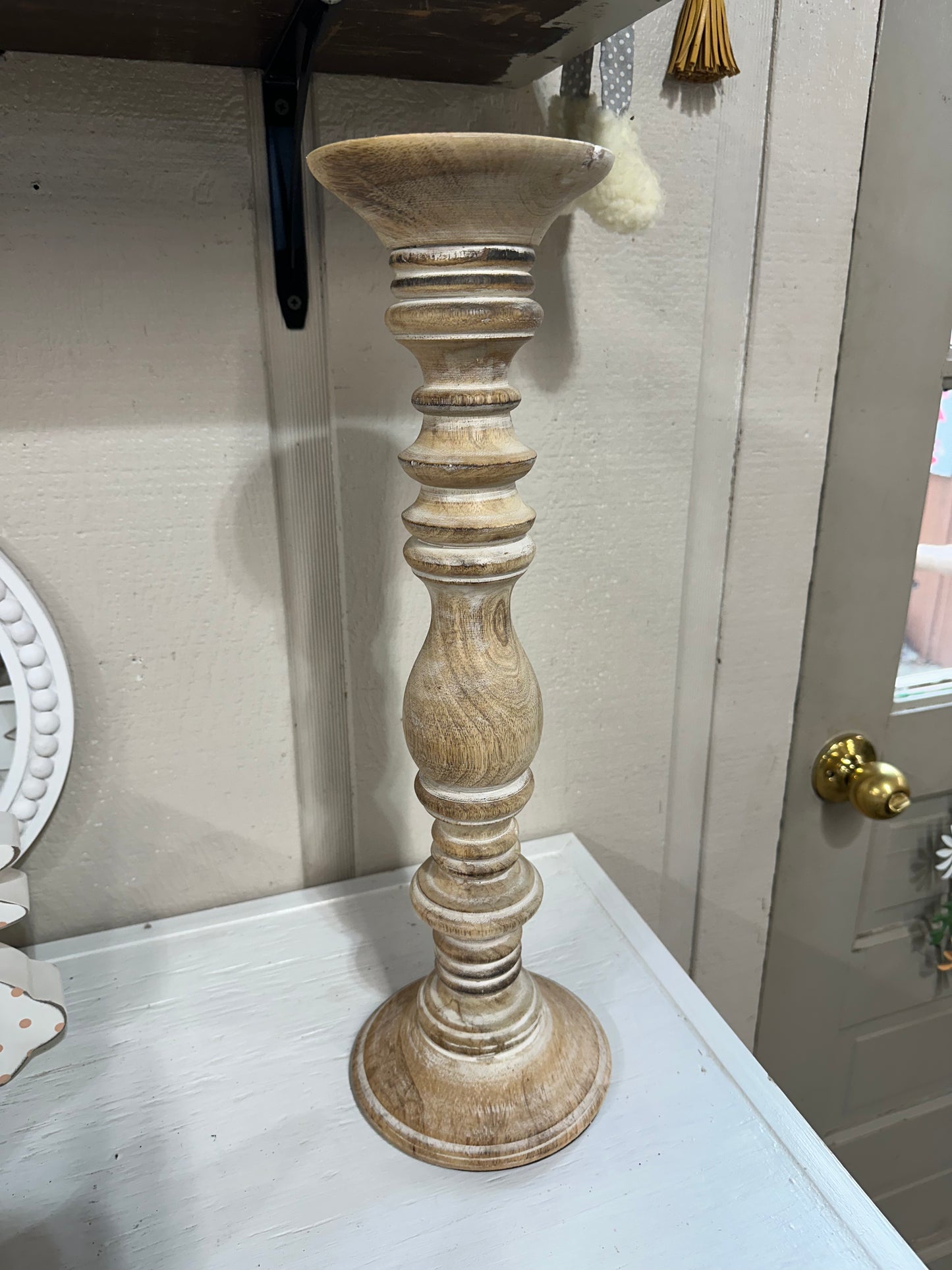 Distressed Round Wood Candle Stand
