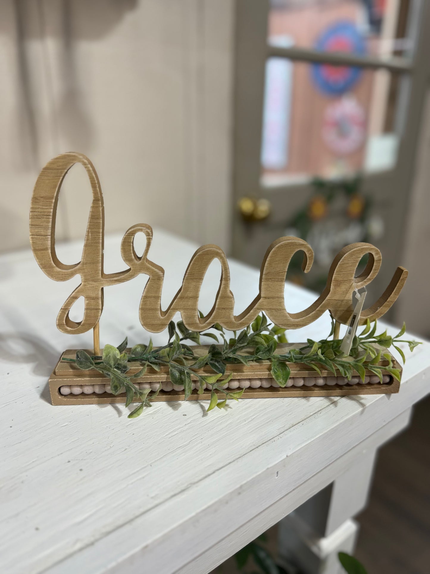 Grace Script Wood Cut Out W/ Greenery Sign