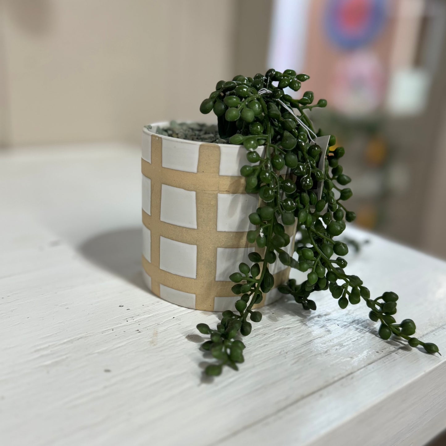 Tan & White Checkered Planter W/ Greenery