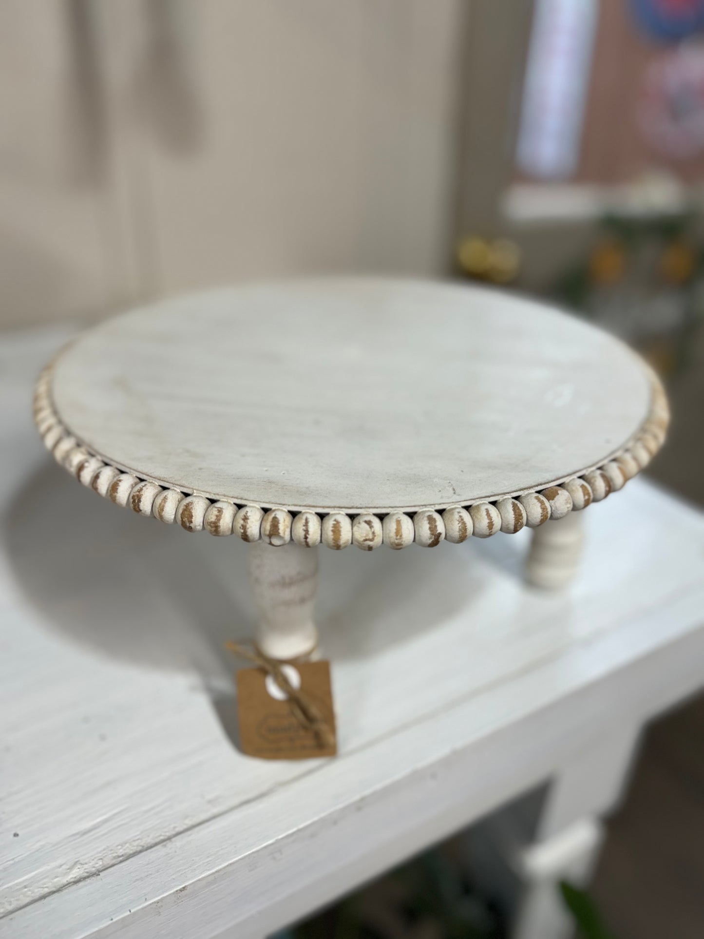White Wood Beaded Cake Stand