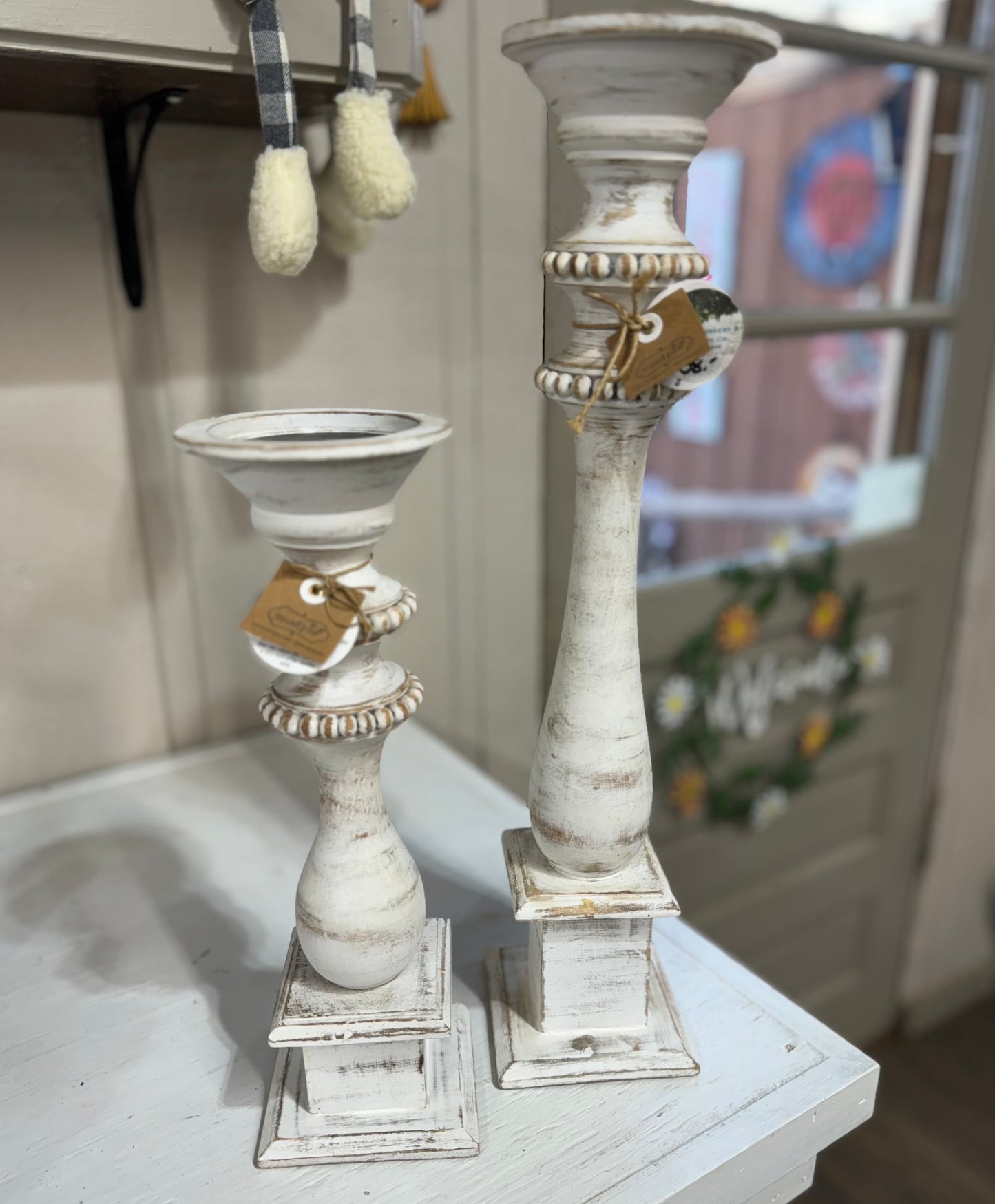 White Wood Beaded Candlestick