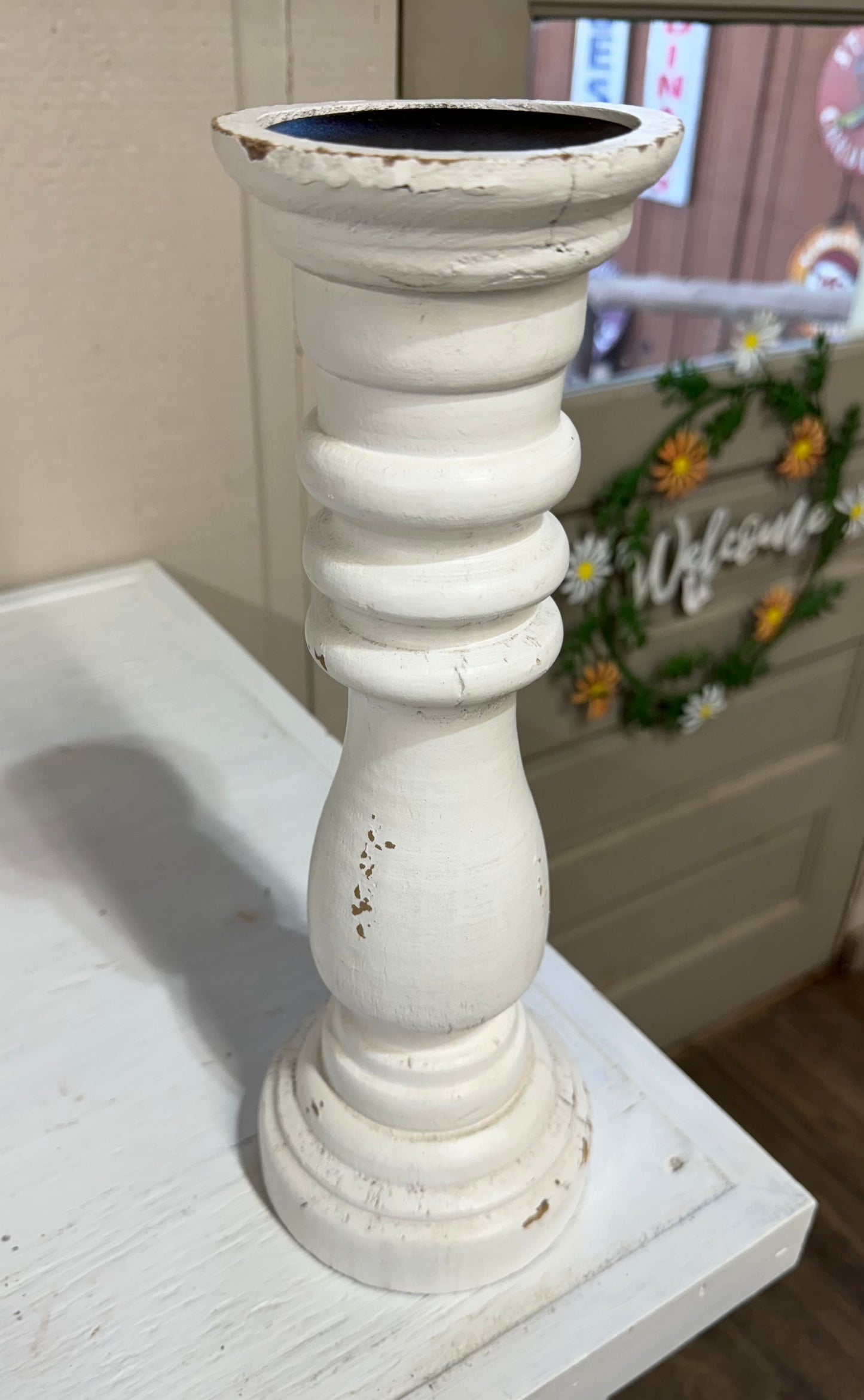 Distressed White Candle Holder