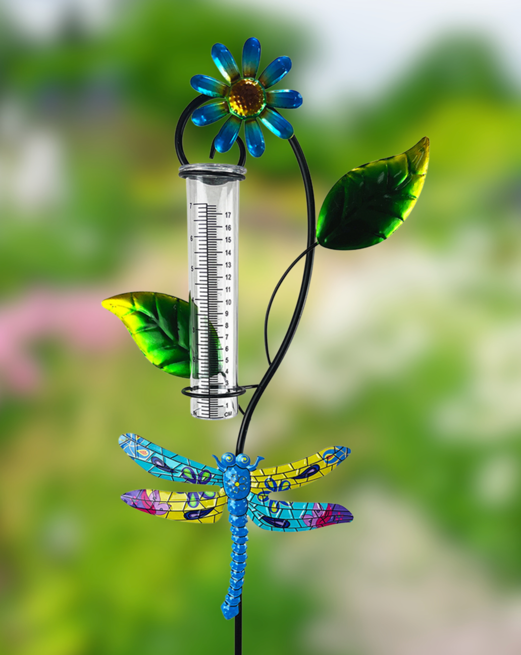 DRAGONFLY & FLOWER RAIN GAUGE GARDEN STAKE – 39″