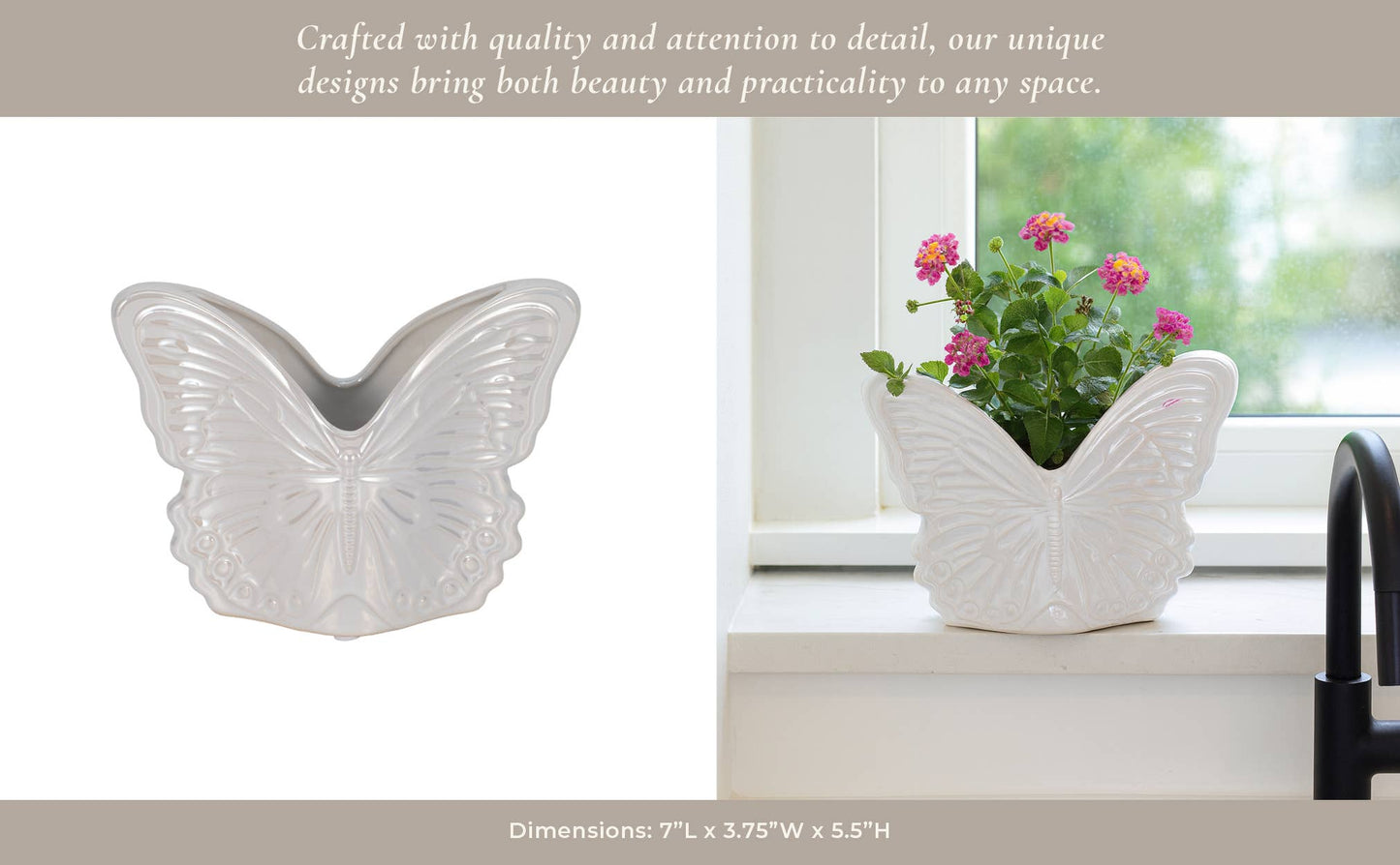 Planter - Ivory Ceramic Iridescent Butterfly, 7 in.
