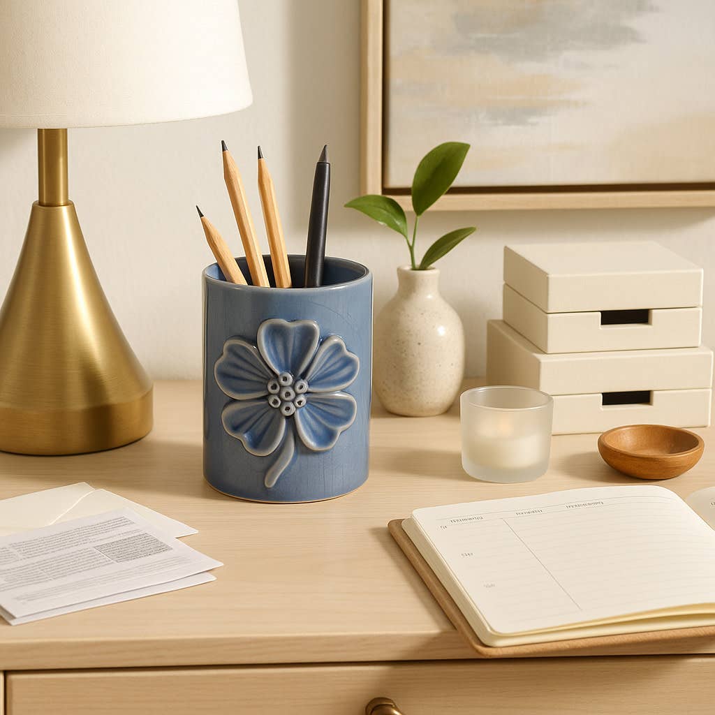 Pencil Cup - Blue Ceramic Decorative Flower Applique, 4 in.