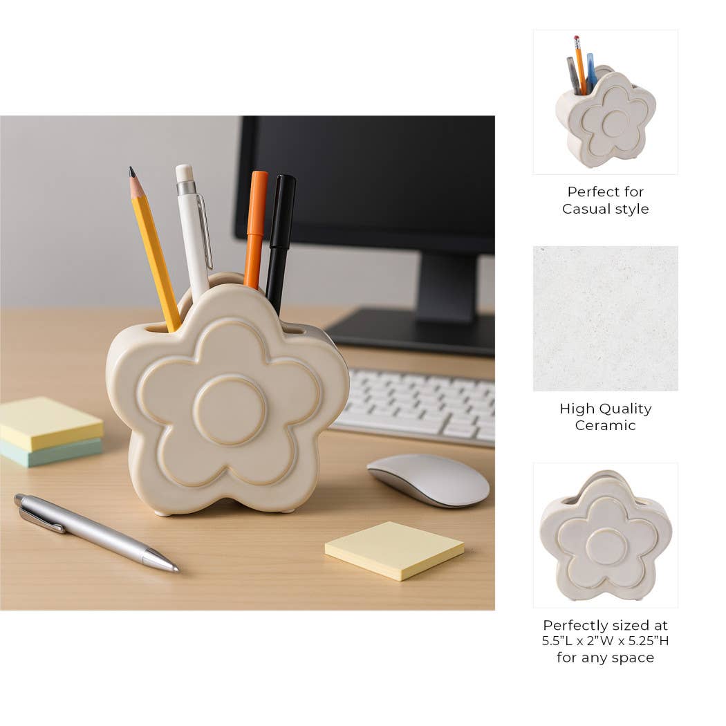 Pencil Cup - Ivory Ceramic Sculpted Flower Power, 5 in.