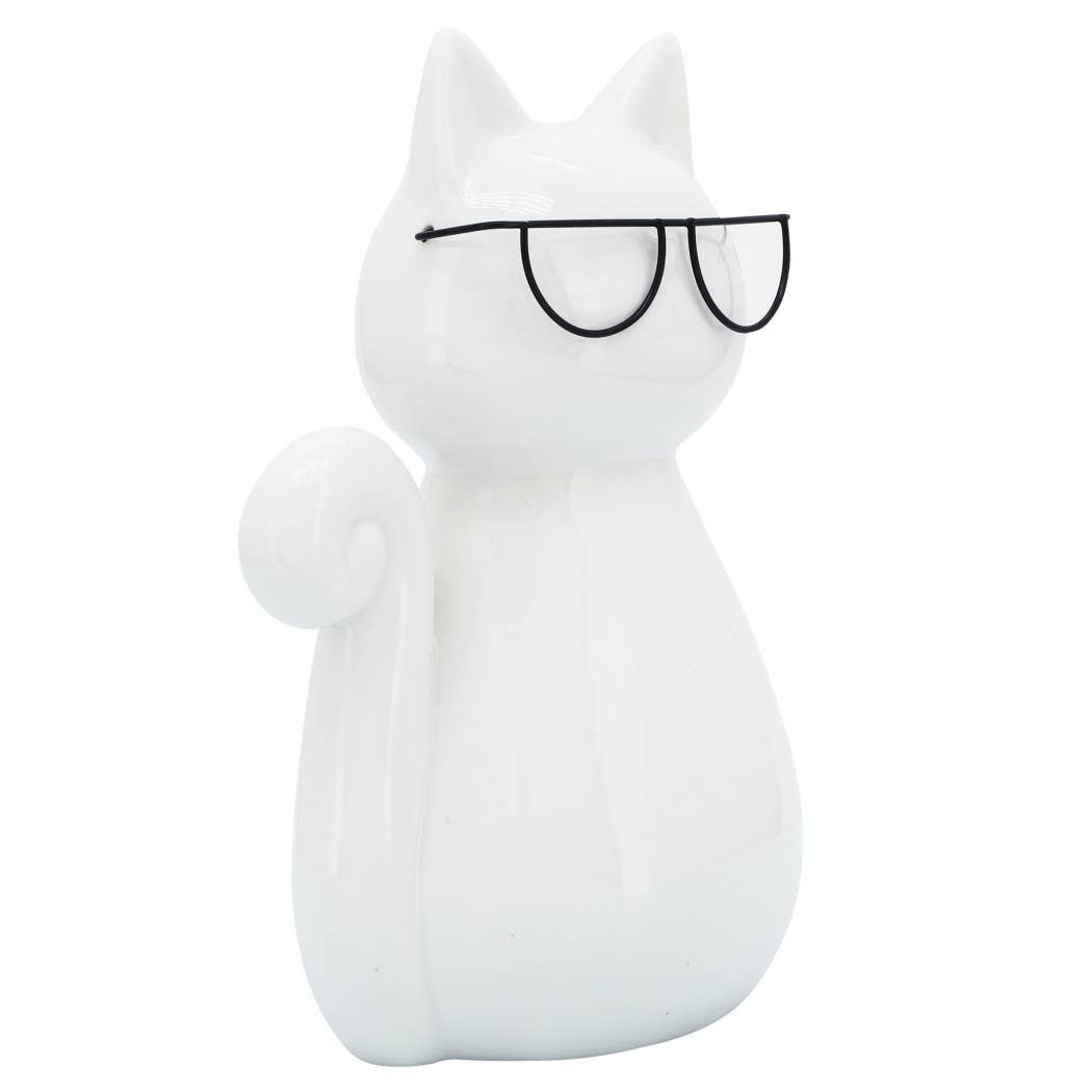 White Porcelain Cat with Glasses, 7 in.