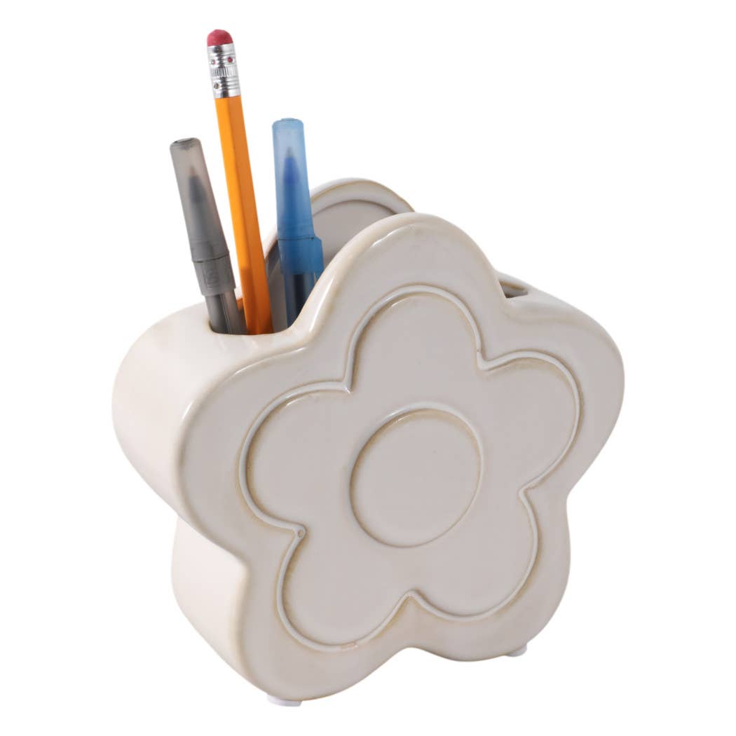 Pencil Cup - Ivory Ceramic Sculpted Flower Power, 5 in.