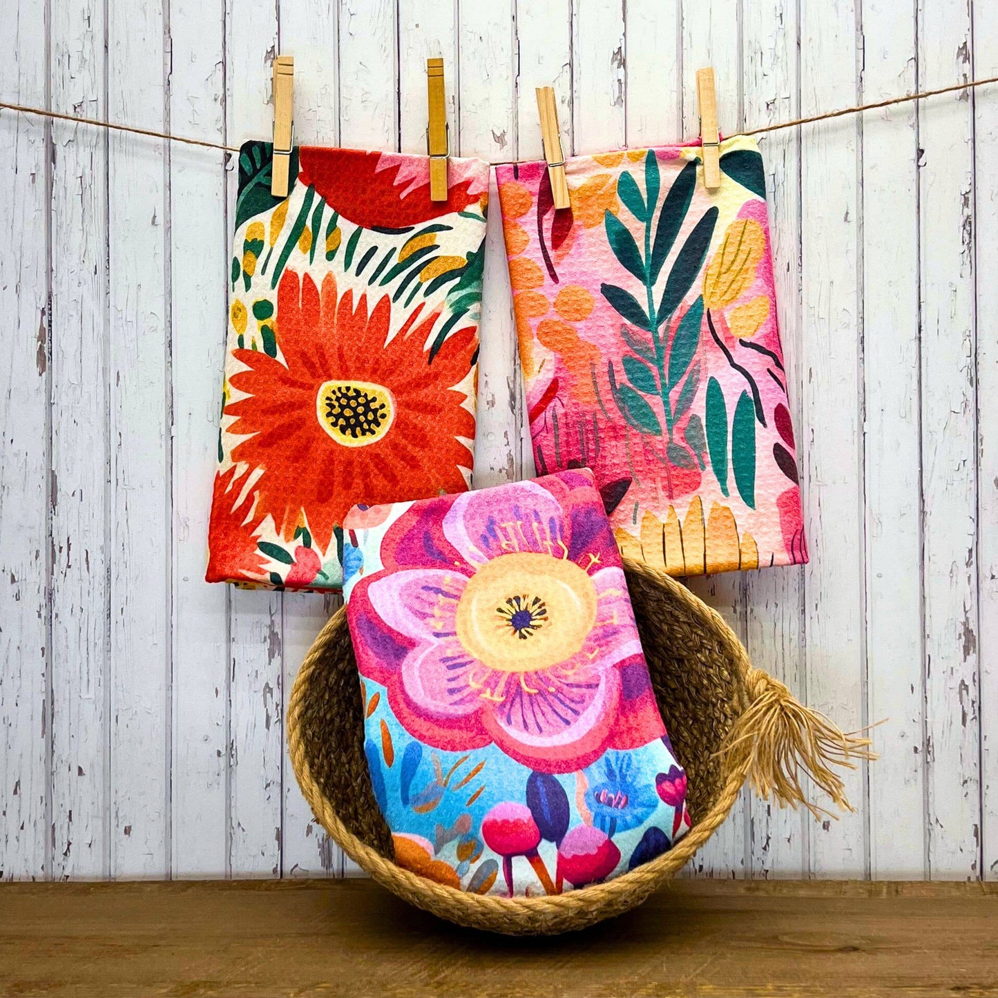Tropical Summer Flowers Kitchen Waffle Towels