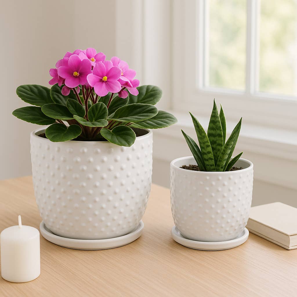 White 6/8 in. Ceramic Tiny Dots Saucer Planters