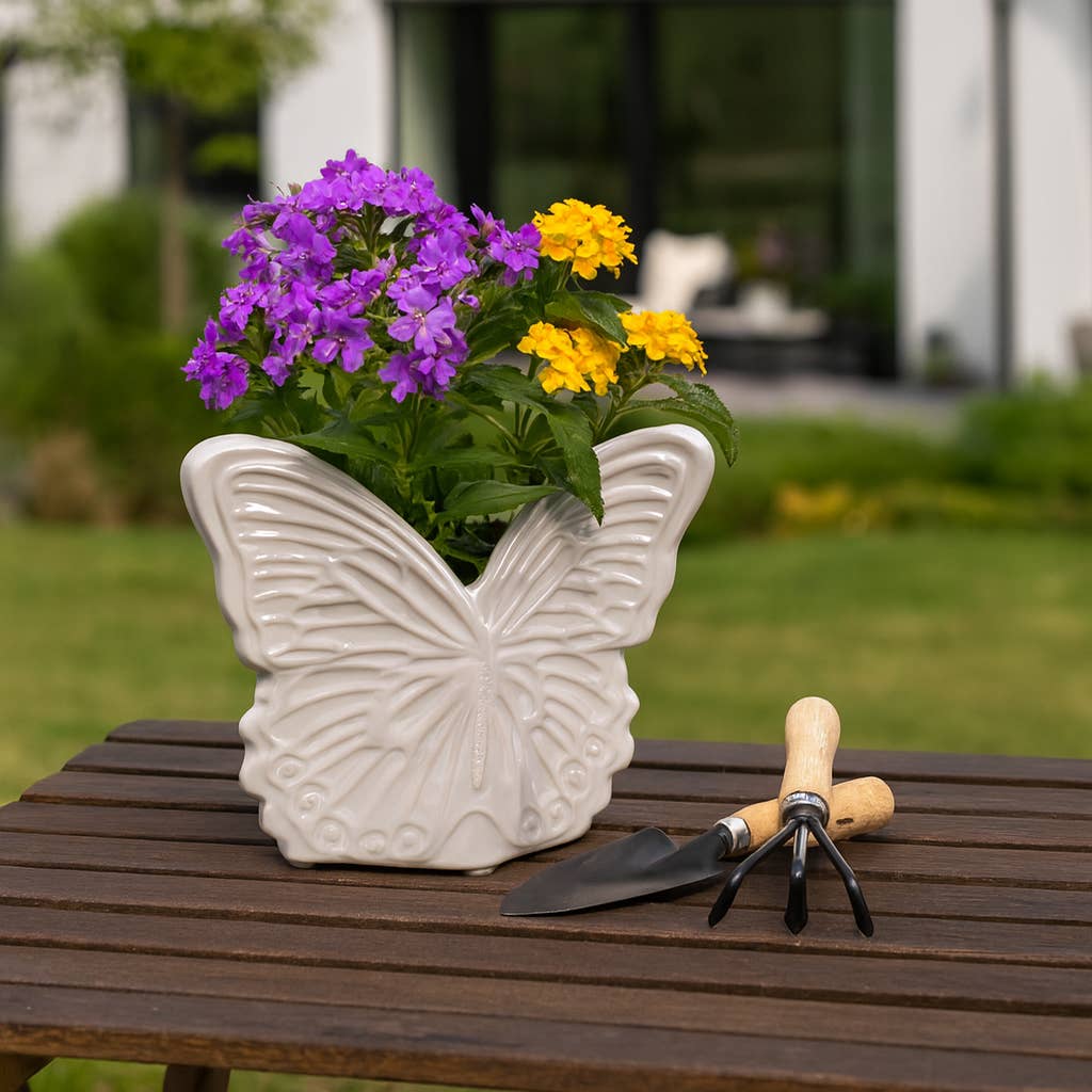 Planter - Ivory Ceramic Iridescent Butterfly, 7 in.
