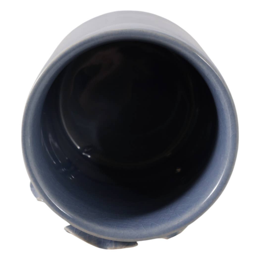 Pencil Cup - Blue Ceramic Decorative Flower Applique, 4 in.
