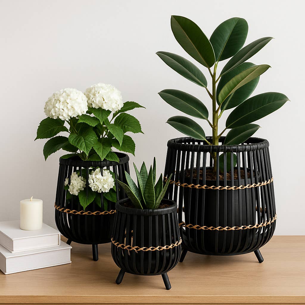 Black Bamboo Wood Footed Planters 10/14/17 in.