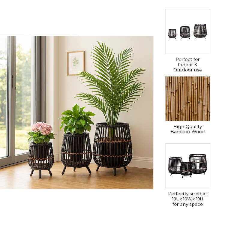 Black Bamboo Wood Footed Planters 10/14/17 in.