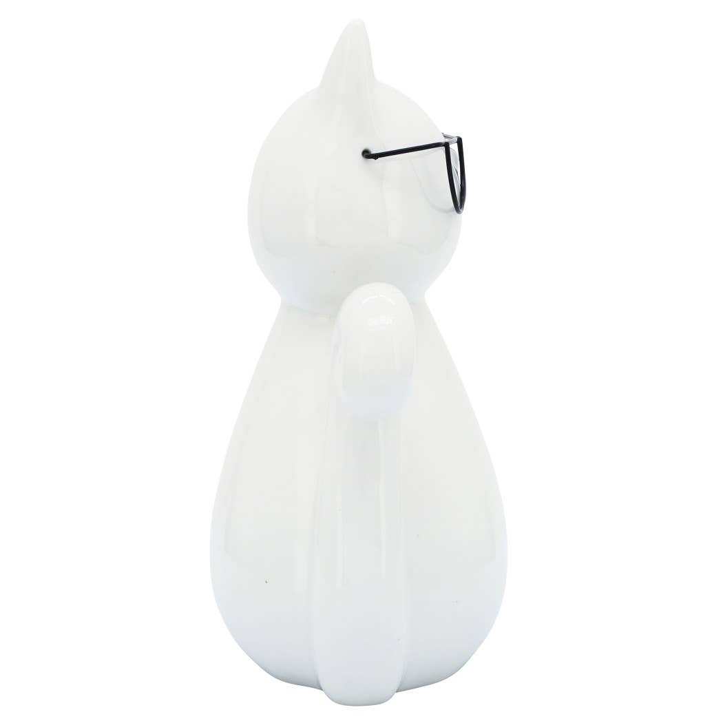 White Porcelain Cat with Glasses, 7 in.