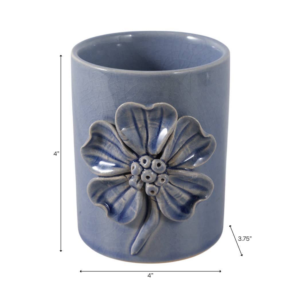 Pencil Cup - Blue Ceramic Decorative Flower Applique, 4 in.