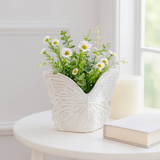 Planter - Ivory Ceramic Iridescent Butterfly, 7 in.