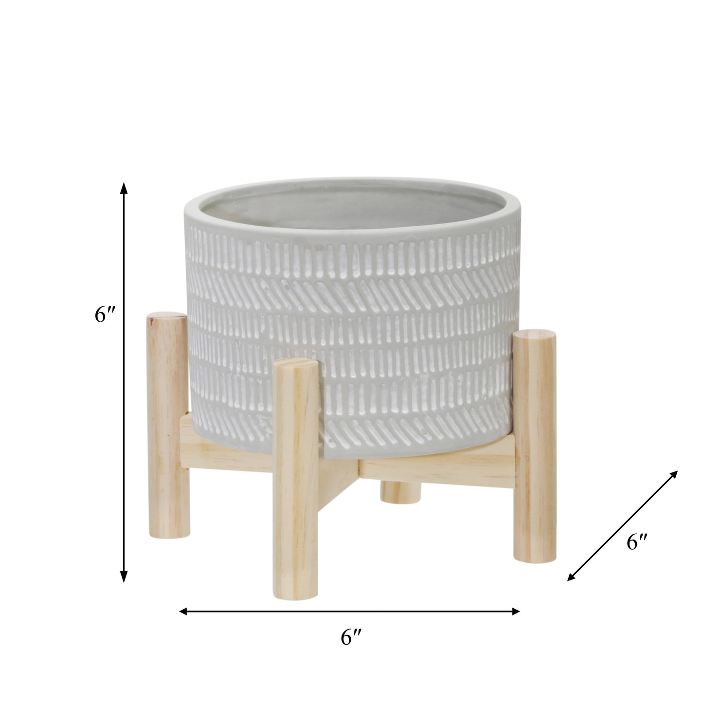 Ceramic Tribal Geometric Planter Wood Stand - Ivory, 6 in.