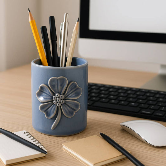 Pencil Cup - Blue Ceramic Decorative Flower Applique, 4 in.