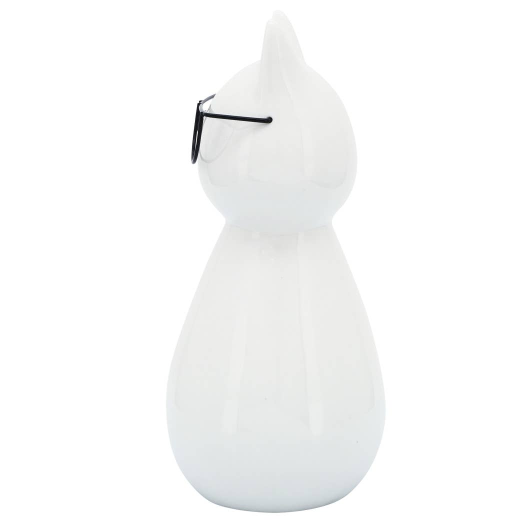 White Porcelain Cat with Glasses, 7 in.