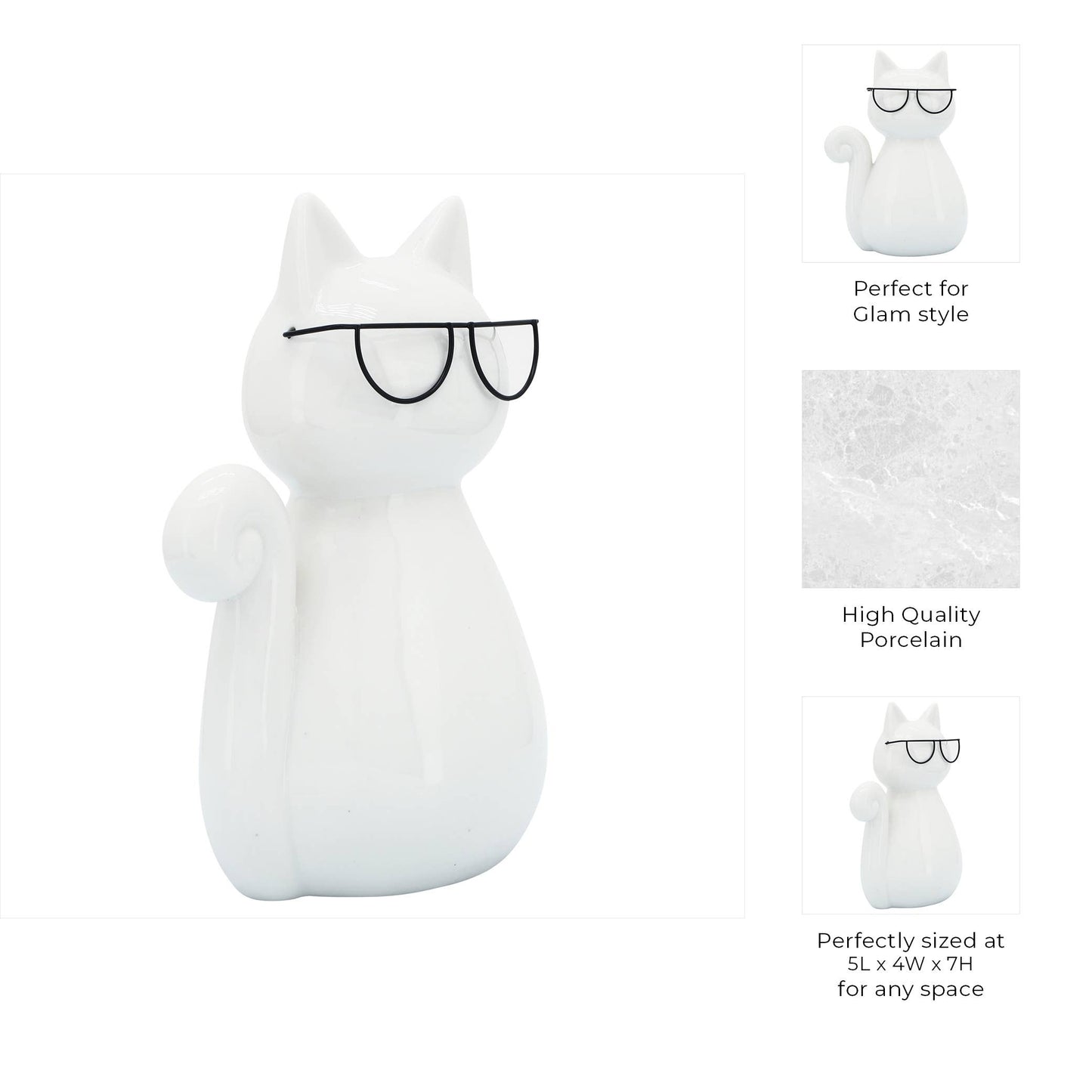 White Porcelain Cat with Glasses, 7 in.