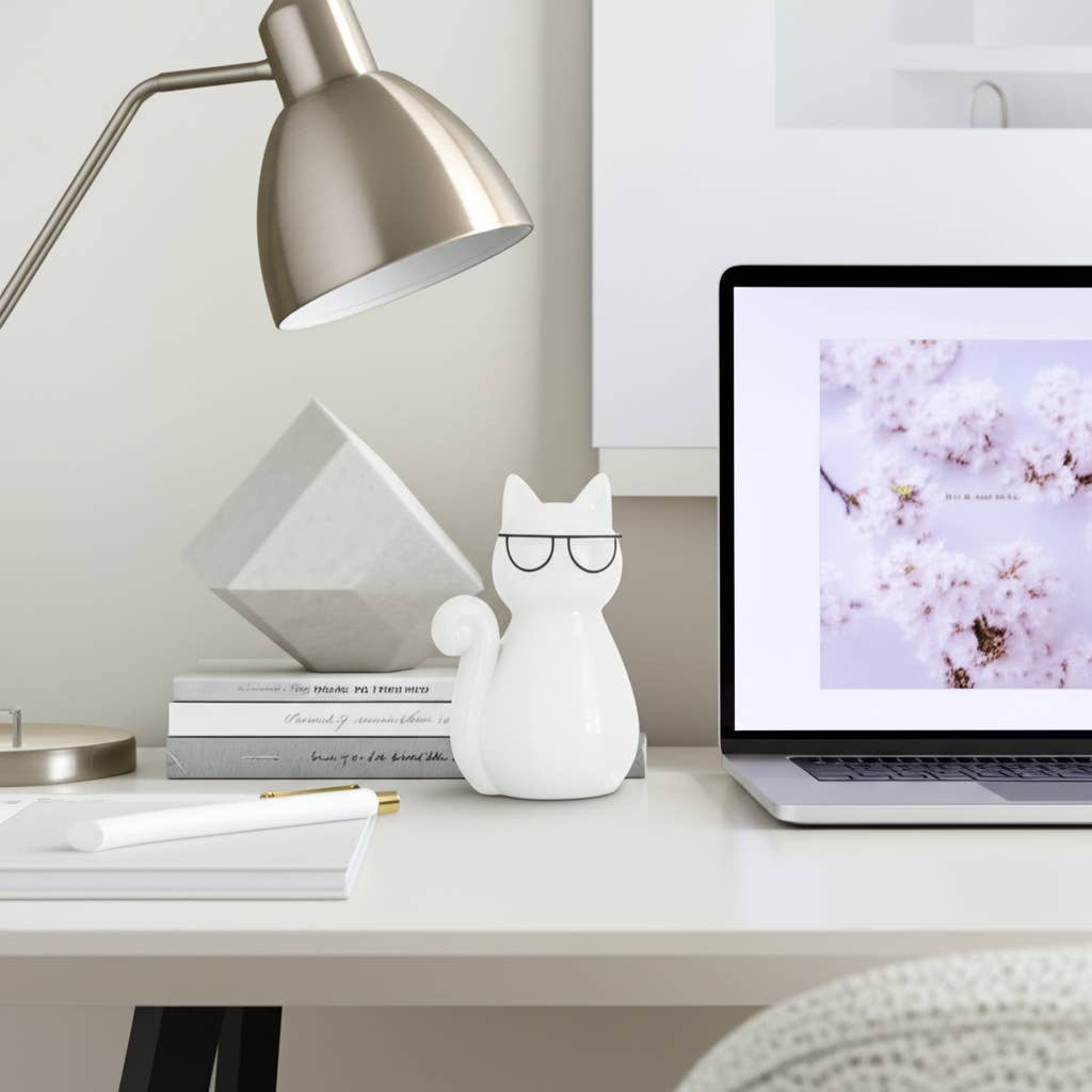 White Porcelain Cat with Glasses, 7 in.