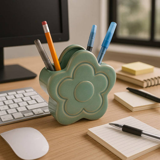 Pencil Cup - Green Ceramic Sculpted Flower Power, 6 in.