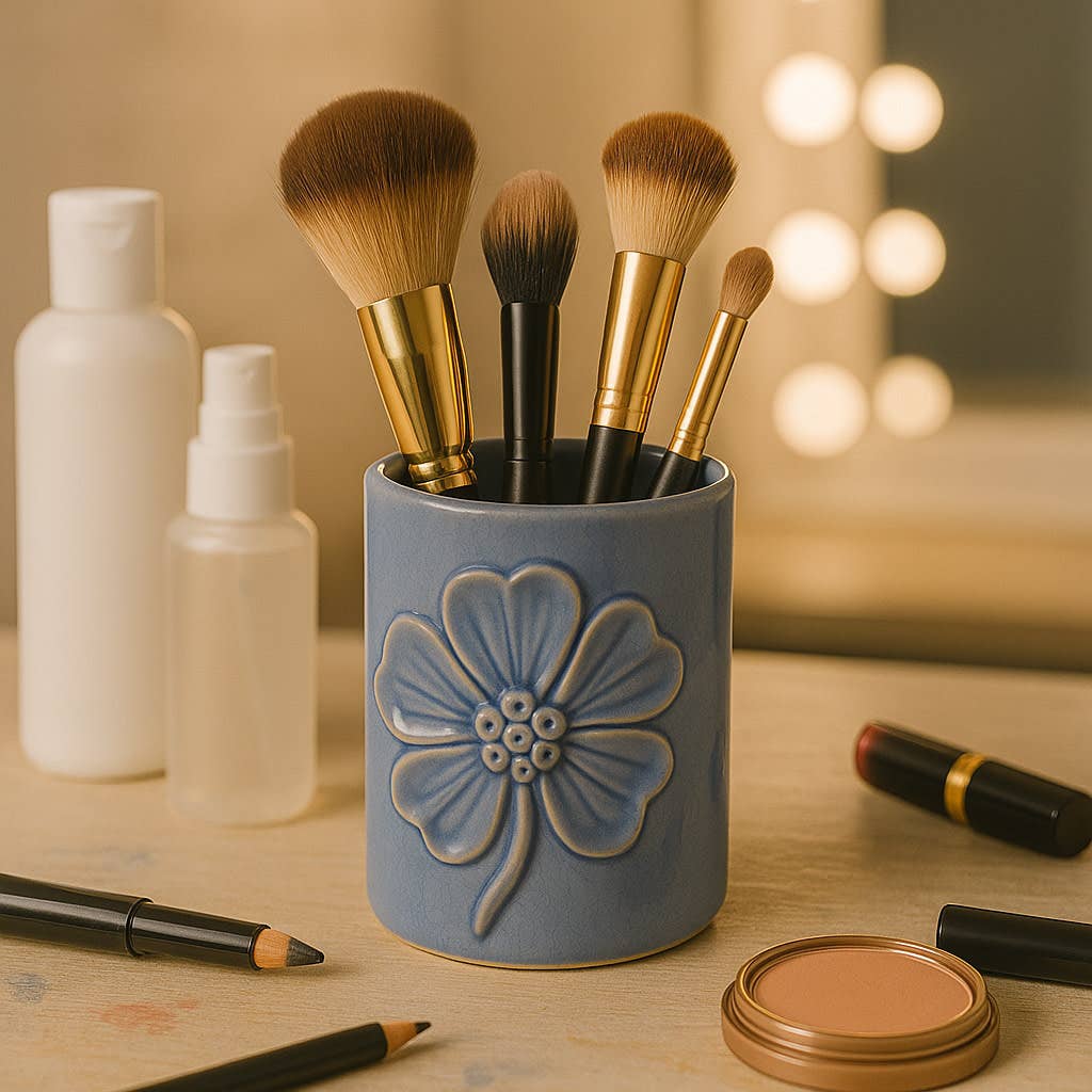 Pencil Cup - Blue Ceramic Decorative Flower Applique, 4 in.