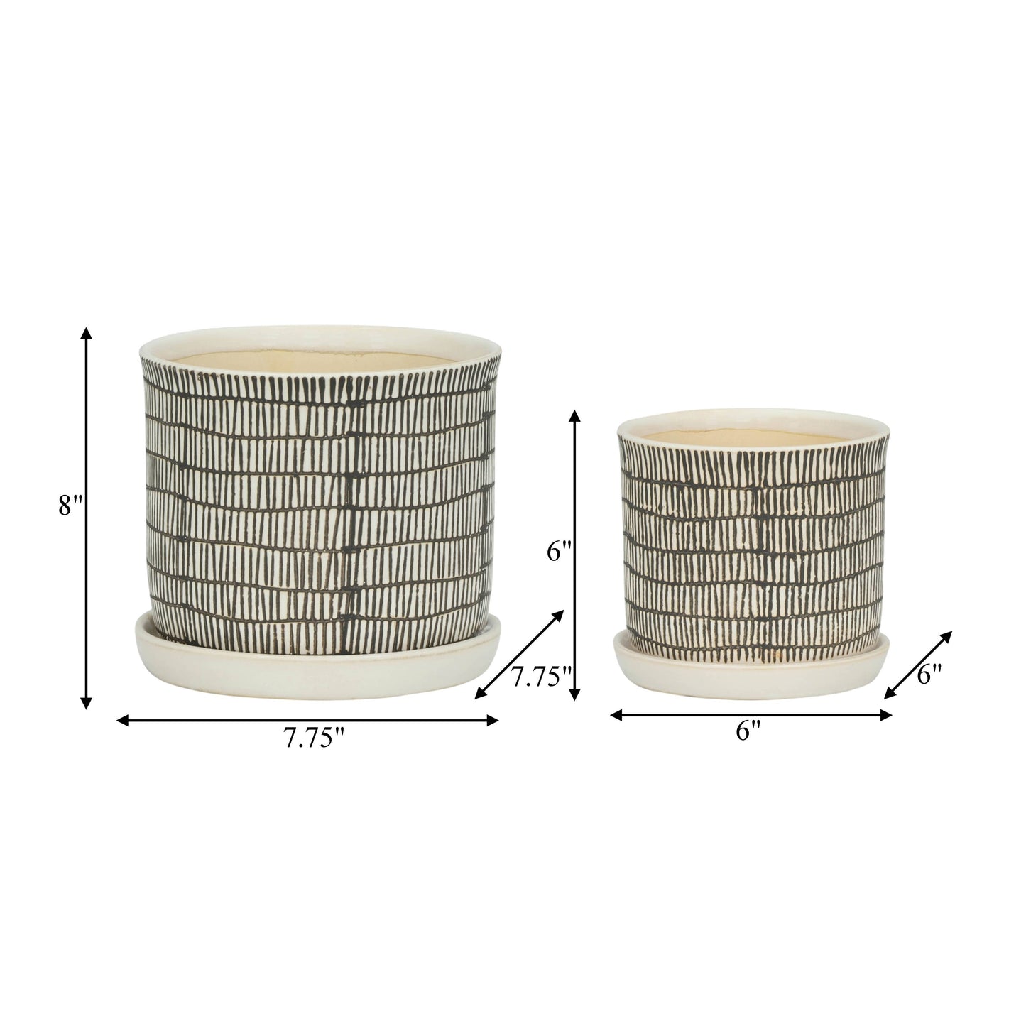 Planters Set of 2 - Ivory Ceramic Line with Saucer, 6/8 in.