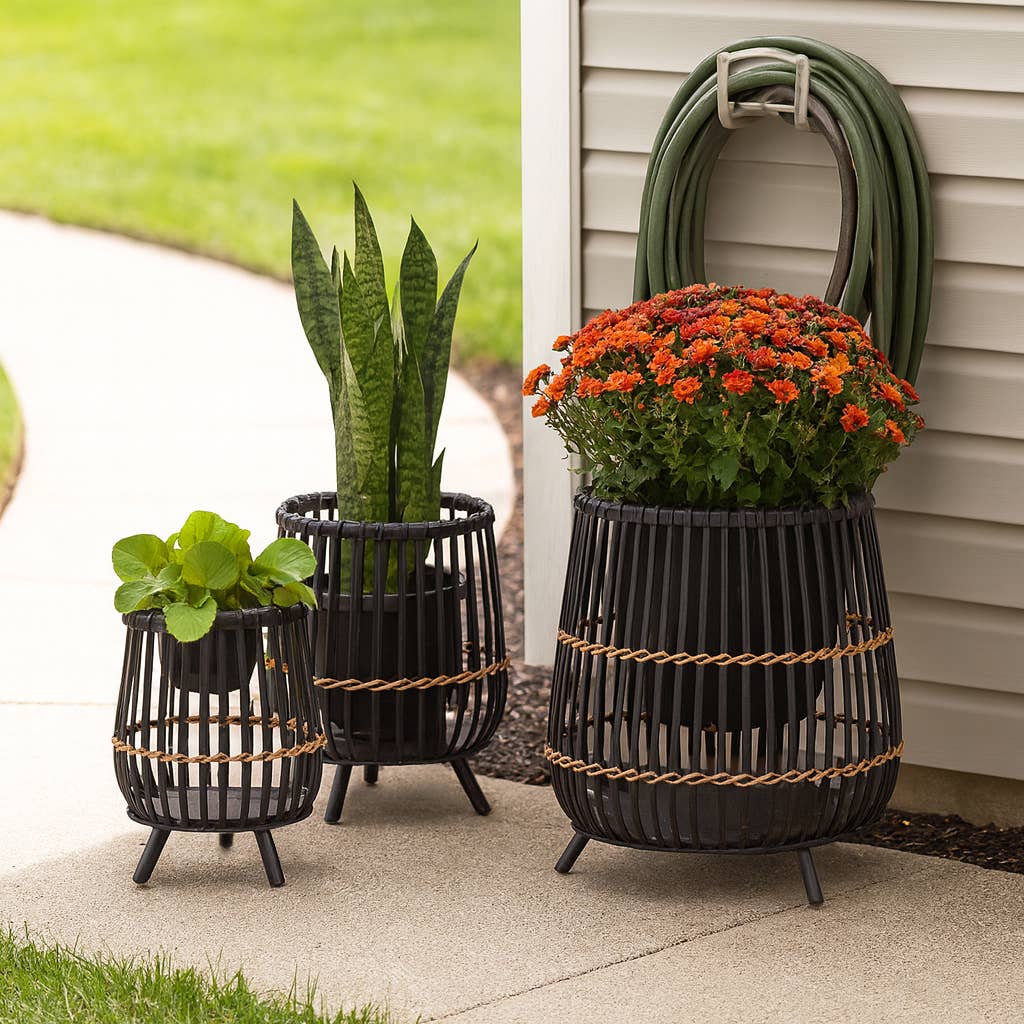 Black Bamboo Wood Footed Planters 10/14/17 in.