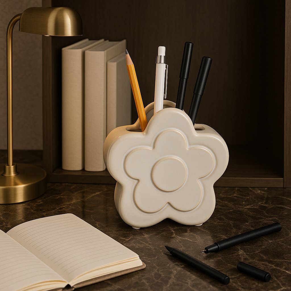 Pencil Cup - Ivory Ceramic Sculpted Flower Power, 5 in.