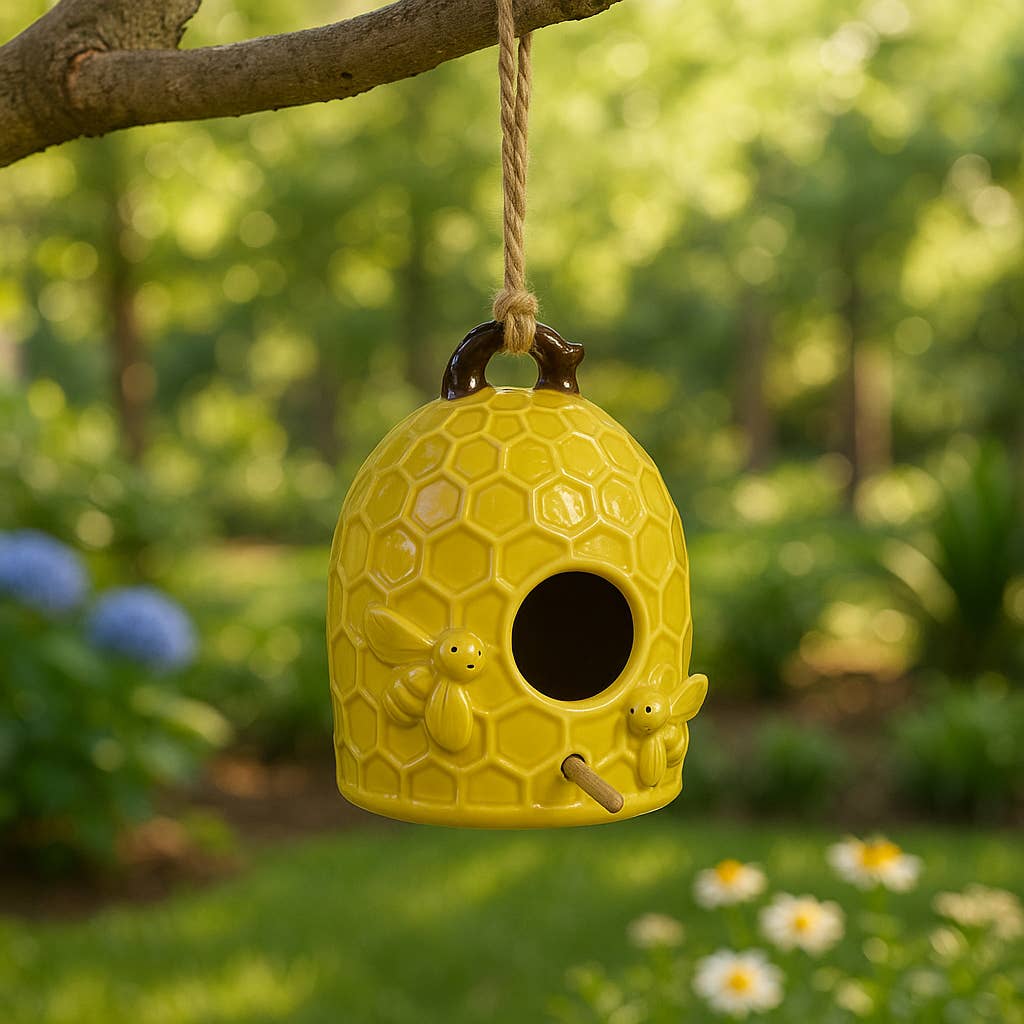 6 in. Yellow Stoneware Honeycomb Bird Feeder