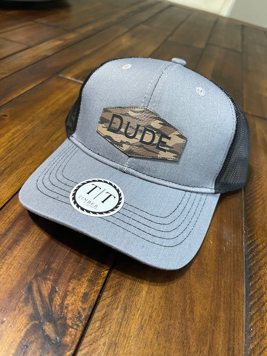 Children's Camouflage Leather Patch "Dude" Baseball Cap by Timber & Twine