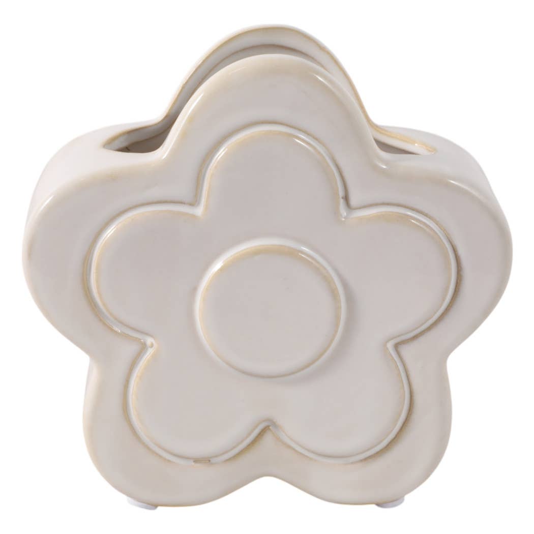 Pencil Cup - Ivory Ceramic Sculpted Flower Power, 5 in.