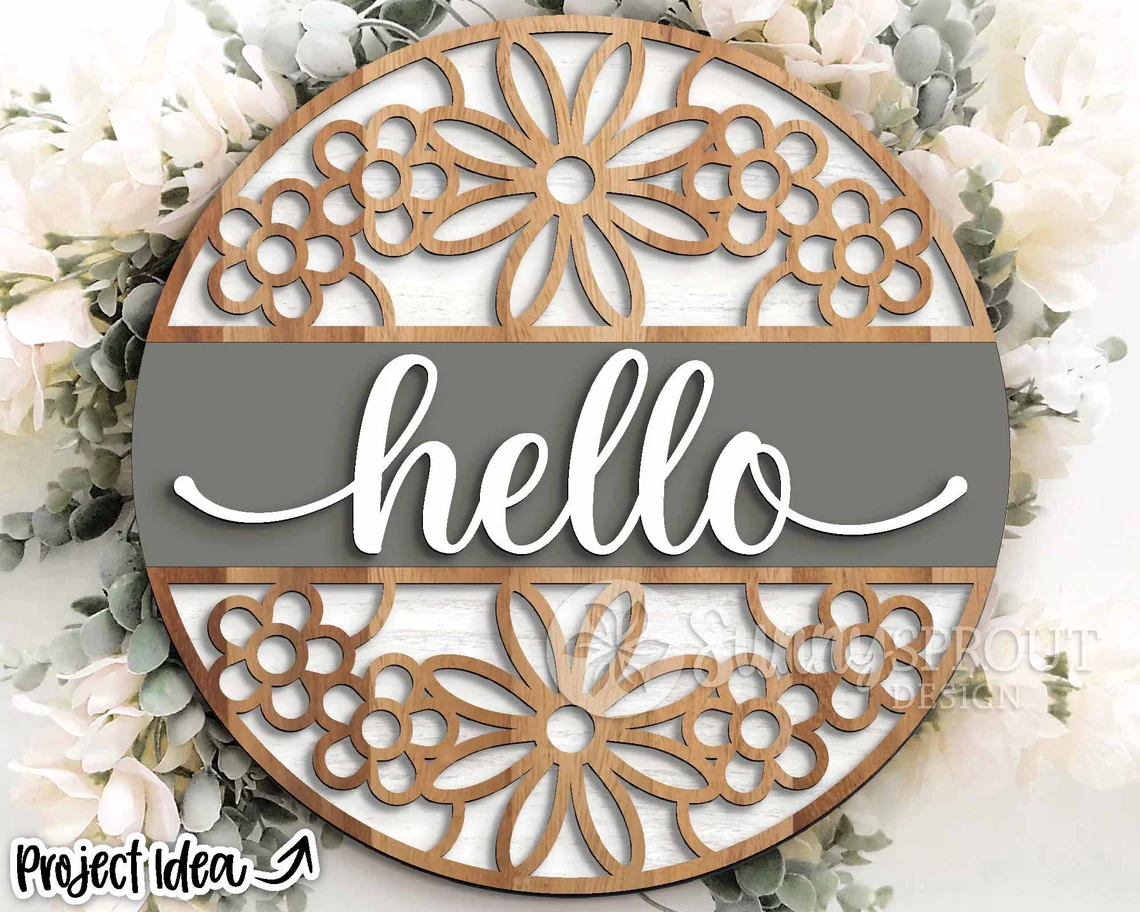 Spring- Hello Flower Round Door Hanger DIY | Wood Sign
