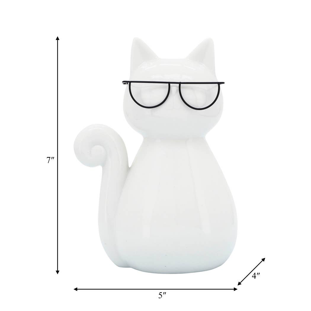 White Porcelain Cat with Glasses, 7 in.