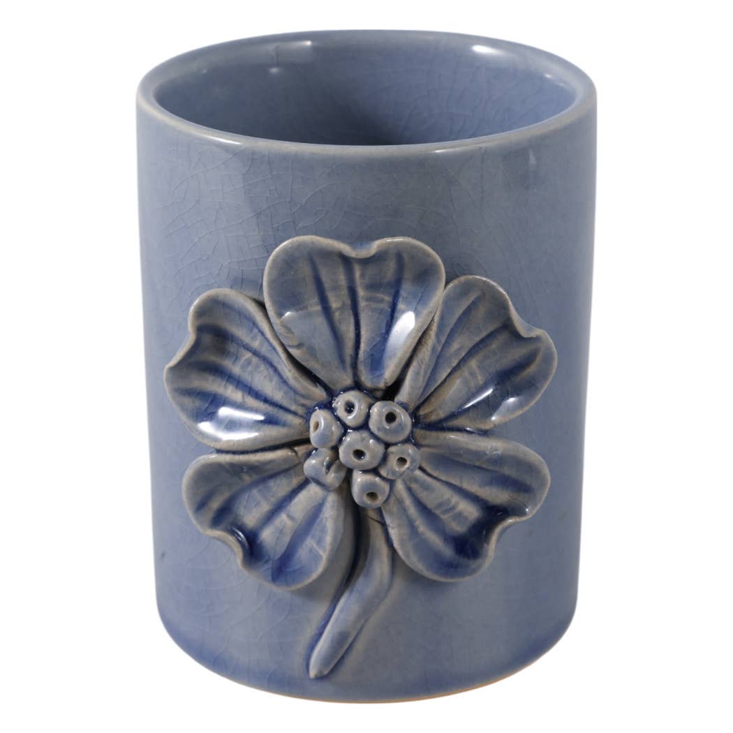Pencil Cup - Blue Ceramic Decorative Flower Applique, 4 in.