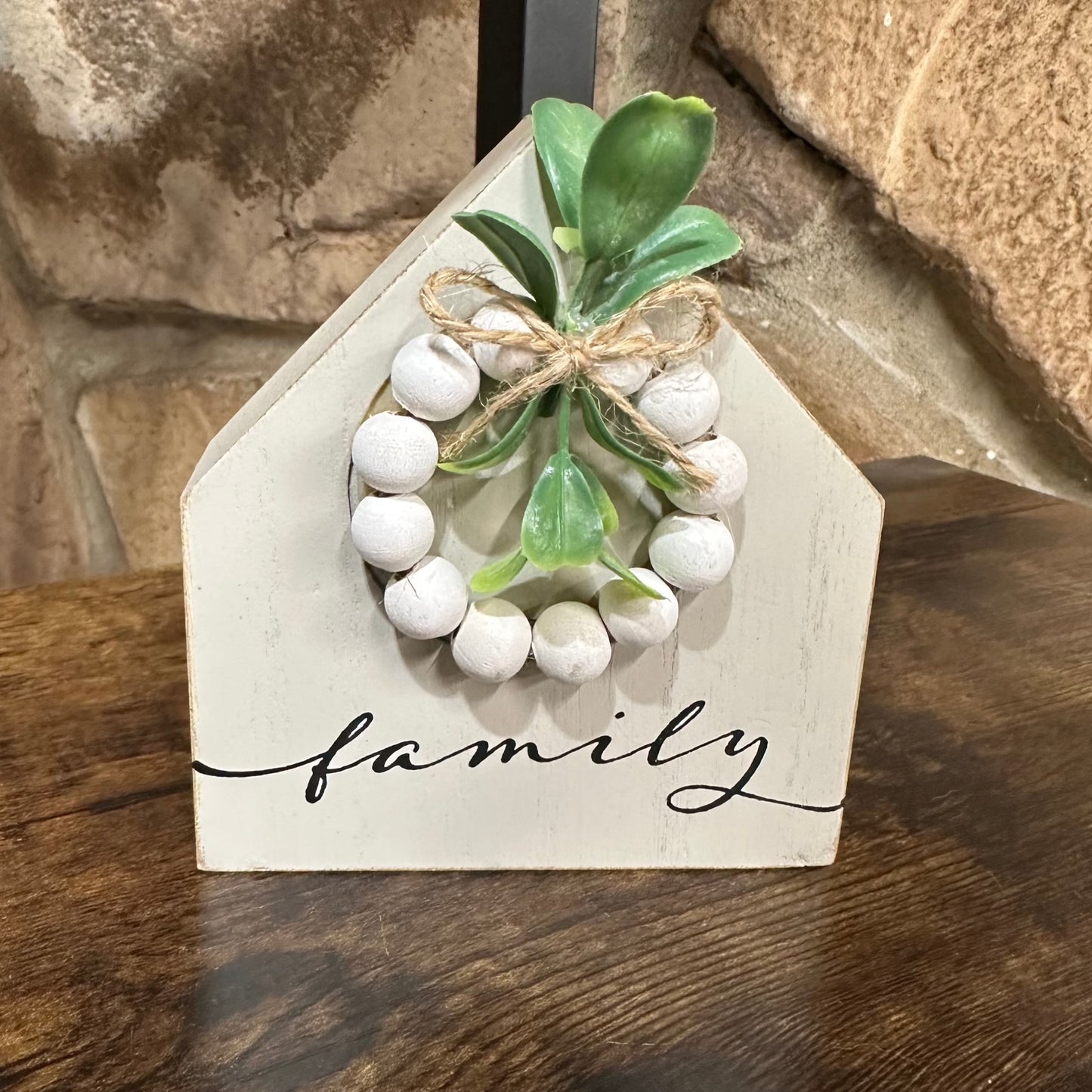 House Shaped Wood Sign With Beaded Decor