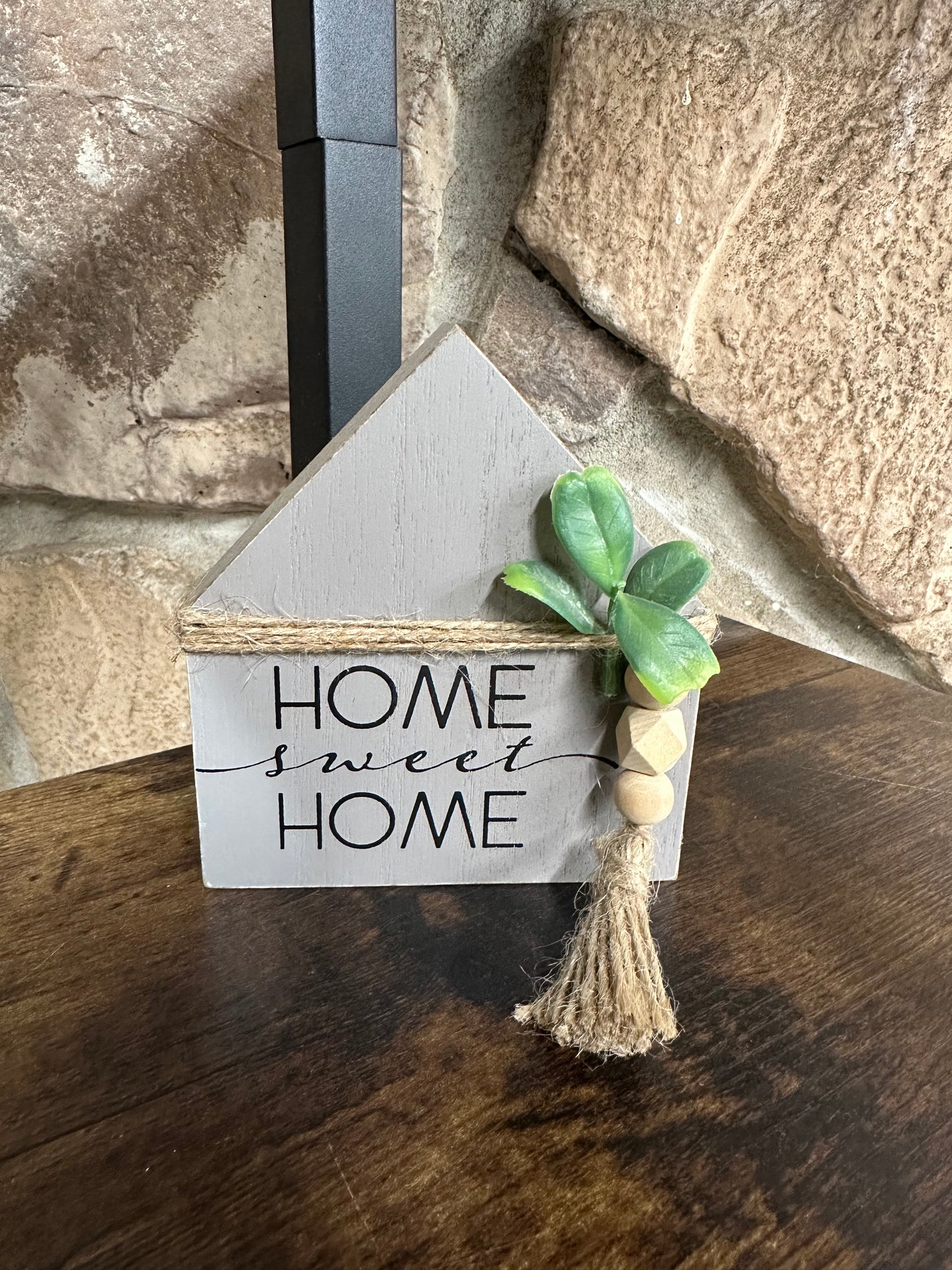 House Shaped Wood Sign With Beaded Decor