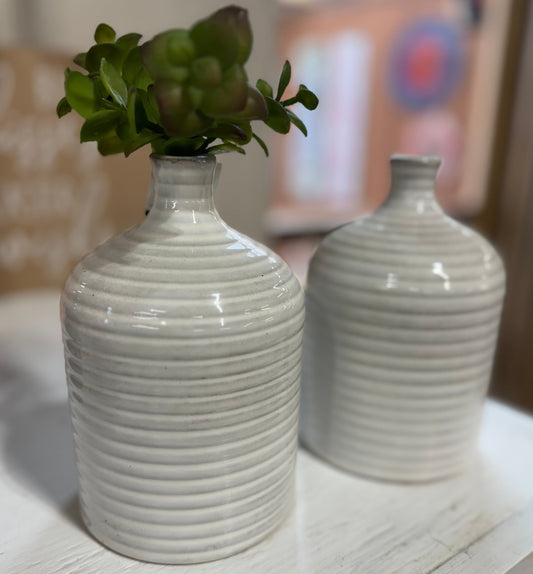 White Striped Textured Bottleneck Vase