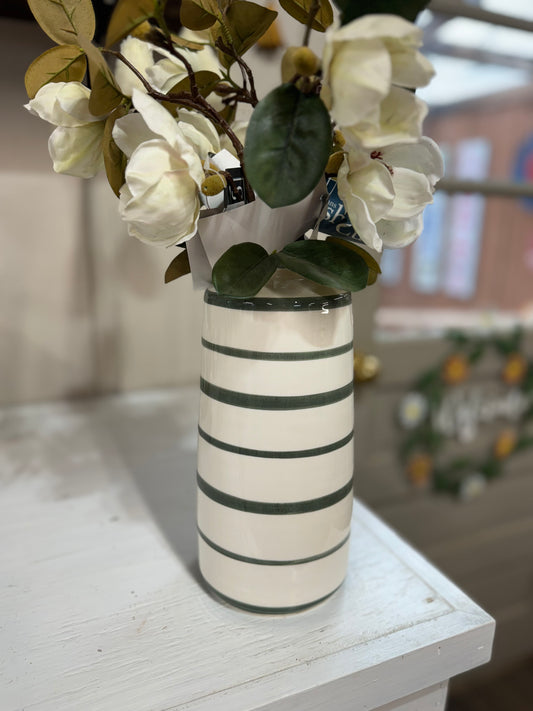 White & Green Striped Ceramic Vase