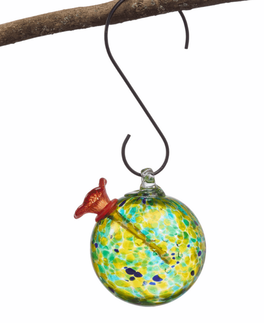 ROUND YELLOW-GREEN ART GLASS HUMMINGBIRD FEEDER