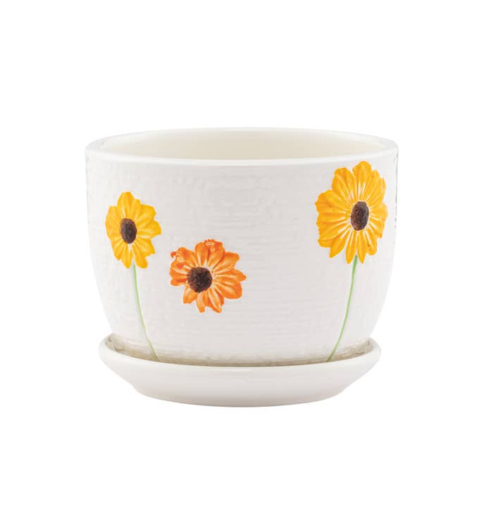 White Sunflower Planter with Saucer -   #17733