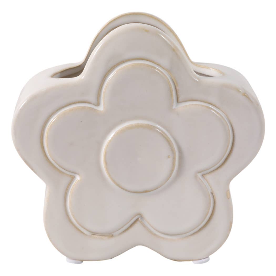 Pencil Cup - Ivory Ceramic Sculpted Flower Power, 5 in.