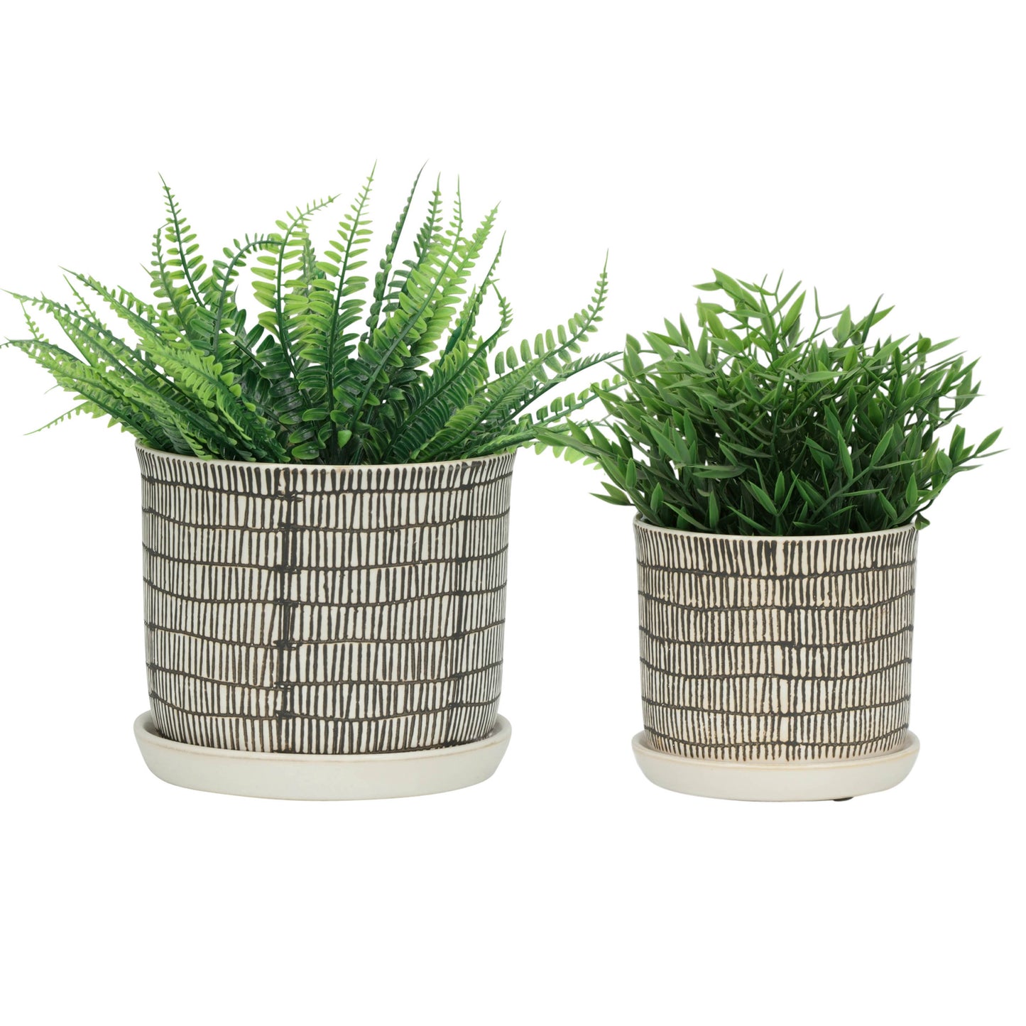 Planters Set of 2 - Ivory Ceramic Line with Saucer, 6/8 in.