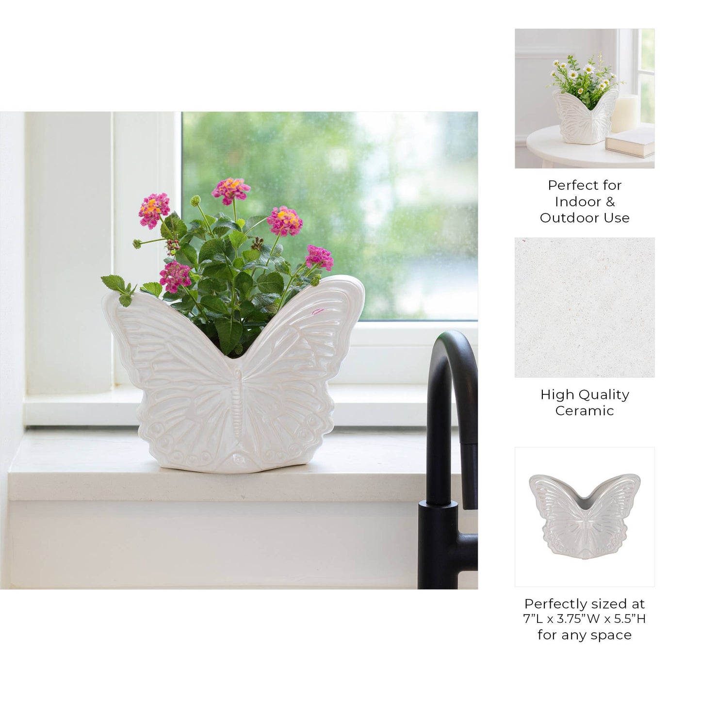 Planter - Ivory Ceramic Iridescent Butterfly, 7 in.